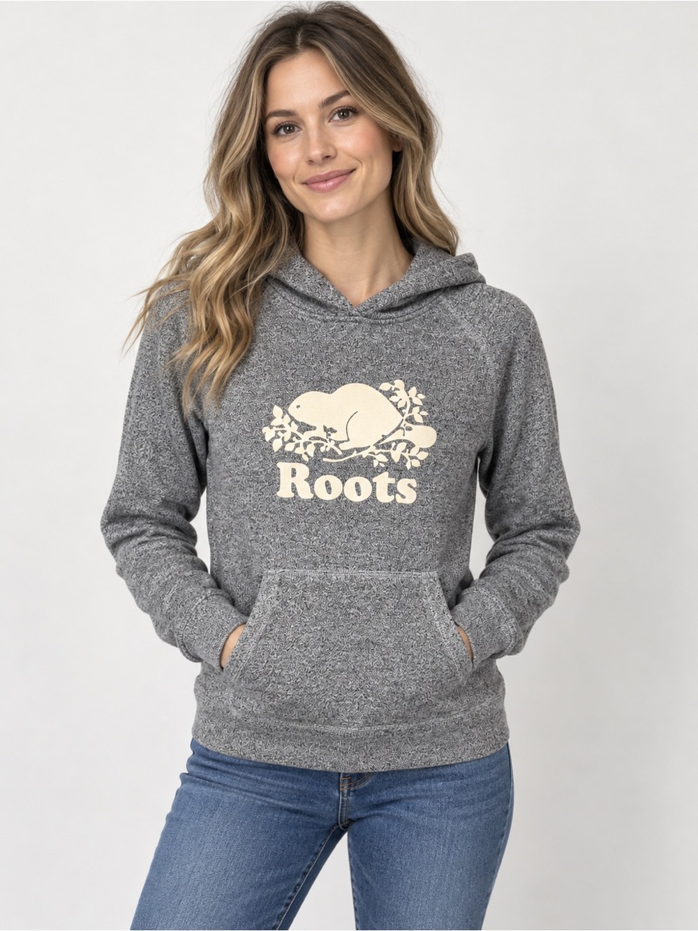 Roots Athletics Salt & Pepper Grey Beaver Logo Hoodie Pullover Size S